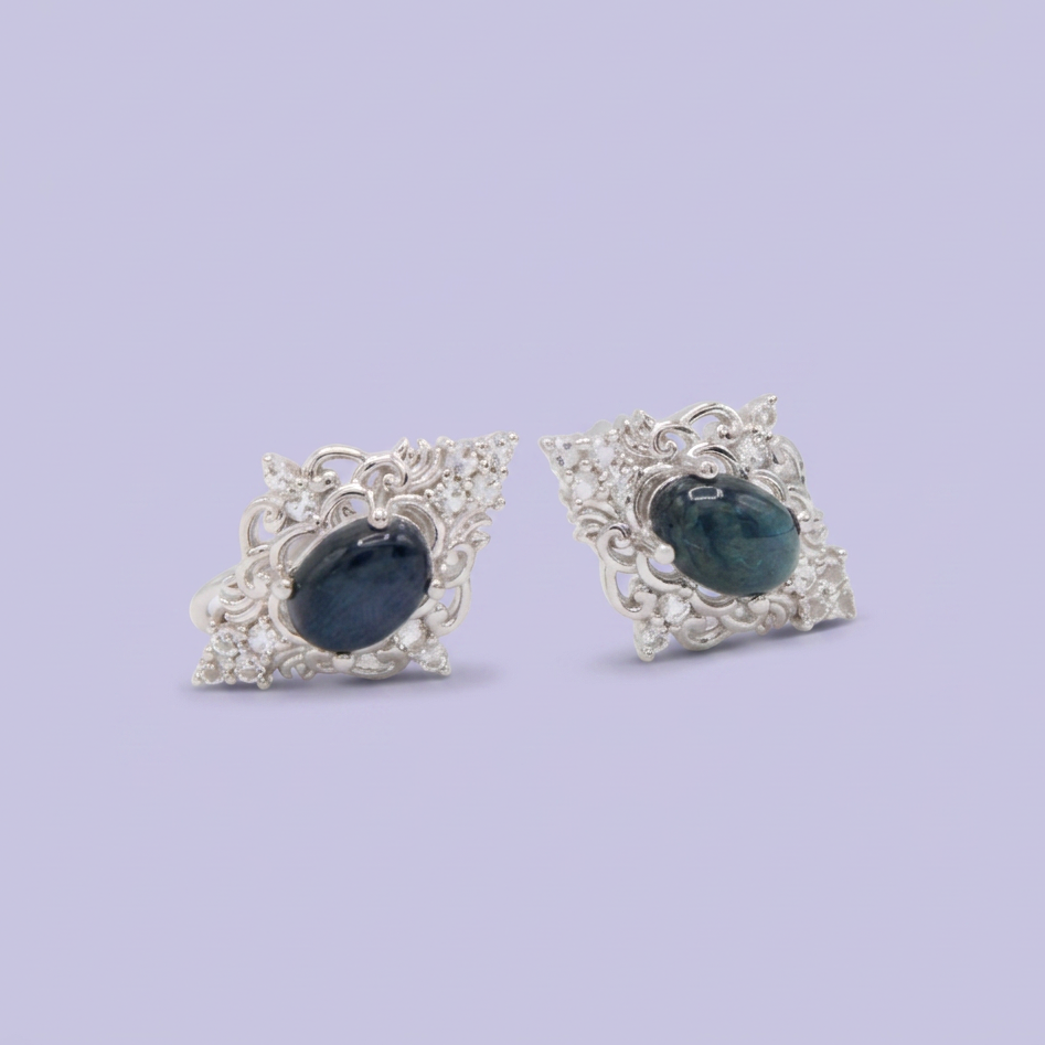 Coordinado de Plata .925 Con Diseño Barroco y Centro de Zirconia Negra Azulada mod. 2951