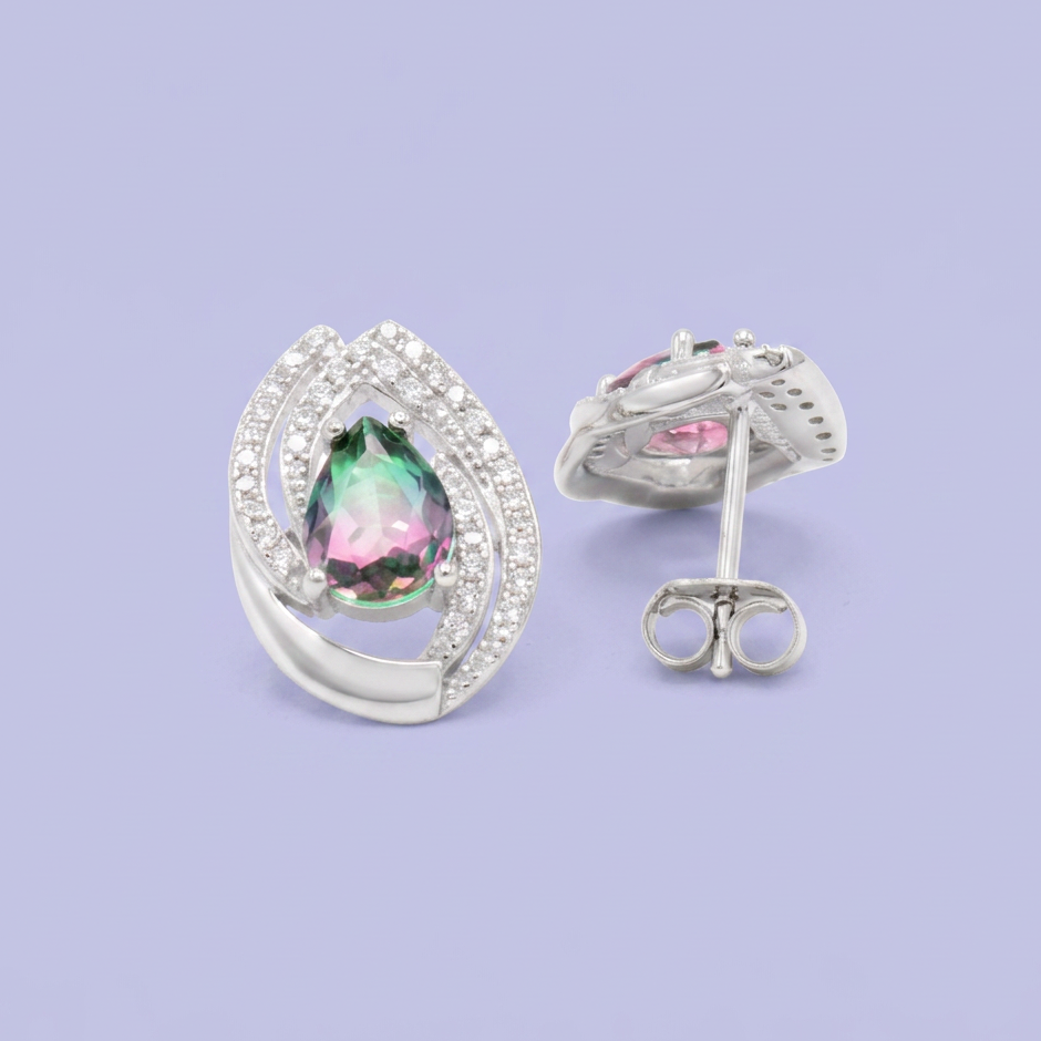 Coordinado de Plata .925 Pétalo Doble Fucsia y Verde con Incrustación de Zirconias mod. 2947