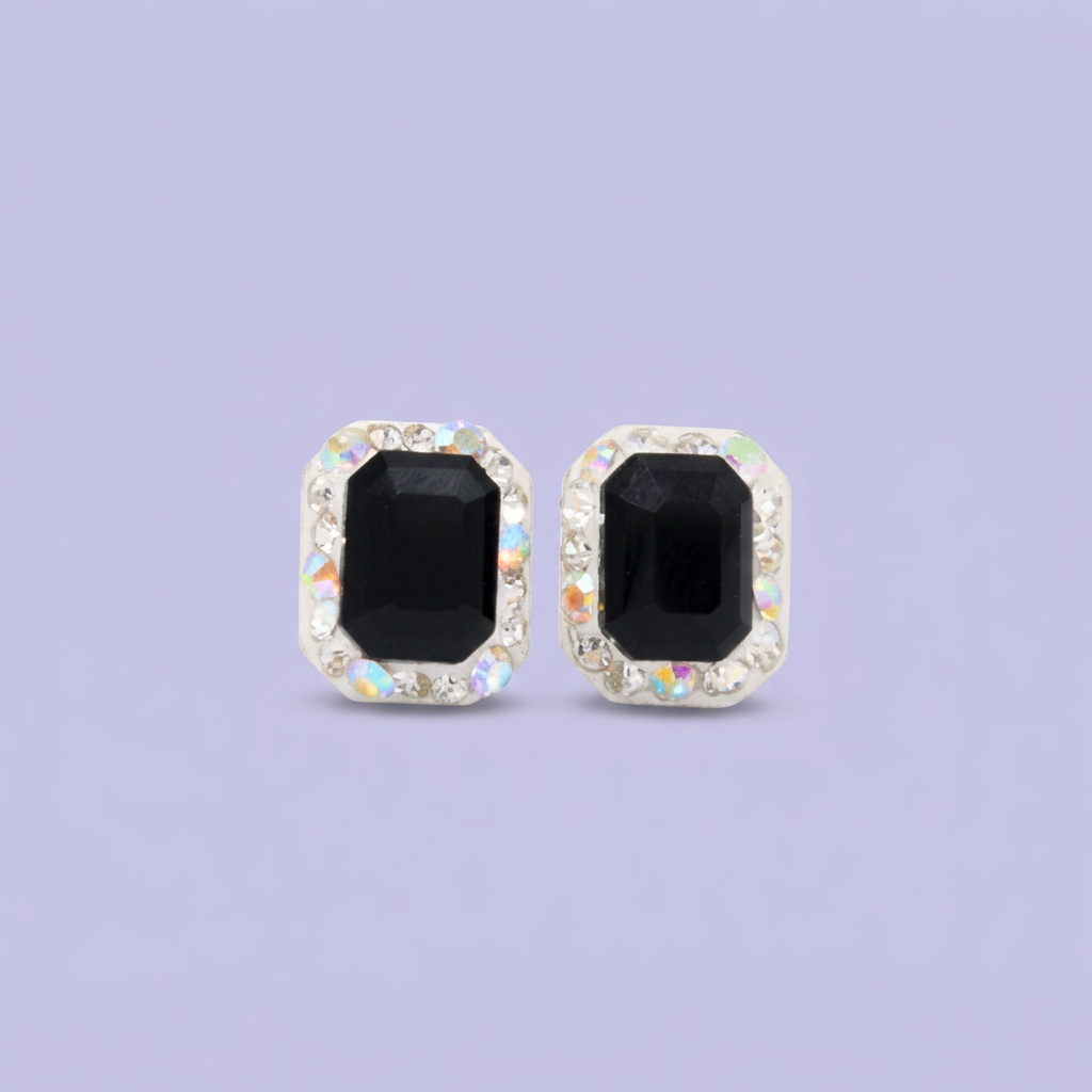 Arete de Plata .925.Rectangular Negro con Incrustación de Zirconias mod. 3186