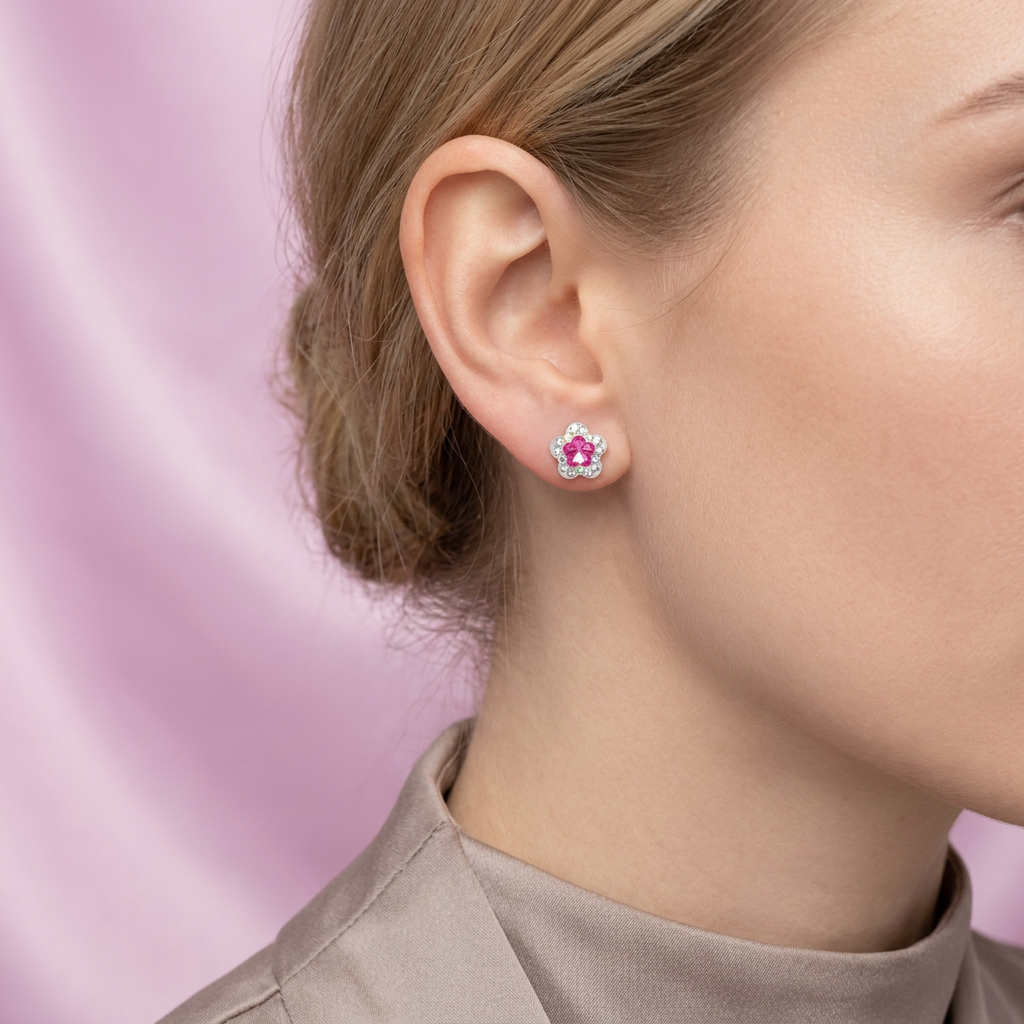 Arete de Plata .925. Flor Rosa Fucsia e Incrustación de Zirconia mod. 3196