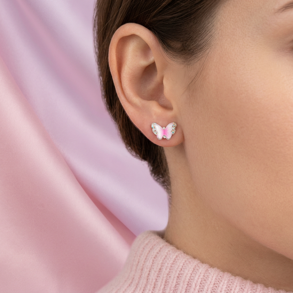 Arete de Plata .925. Mariposa Rosa con Zirconia mod. 3192