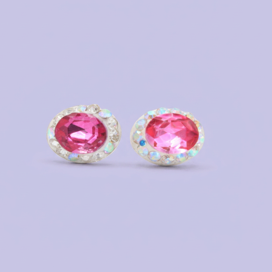 Arete de Plata .925. Oval Rosa con Incrustación de Zirconias mod. 3175