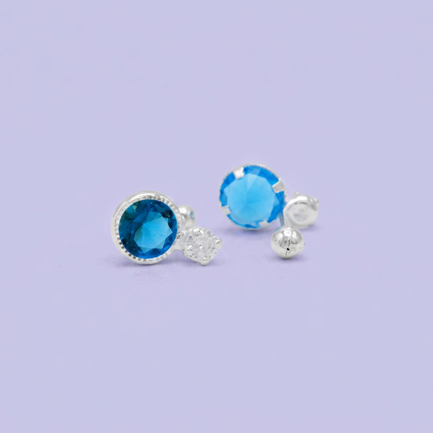 Broquel de Plata .925  Circular Doble con Zirconia Azul Cielo mod. 3055