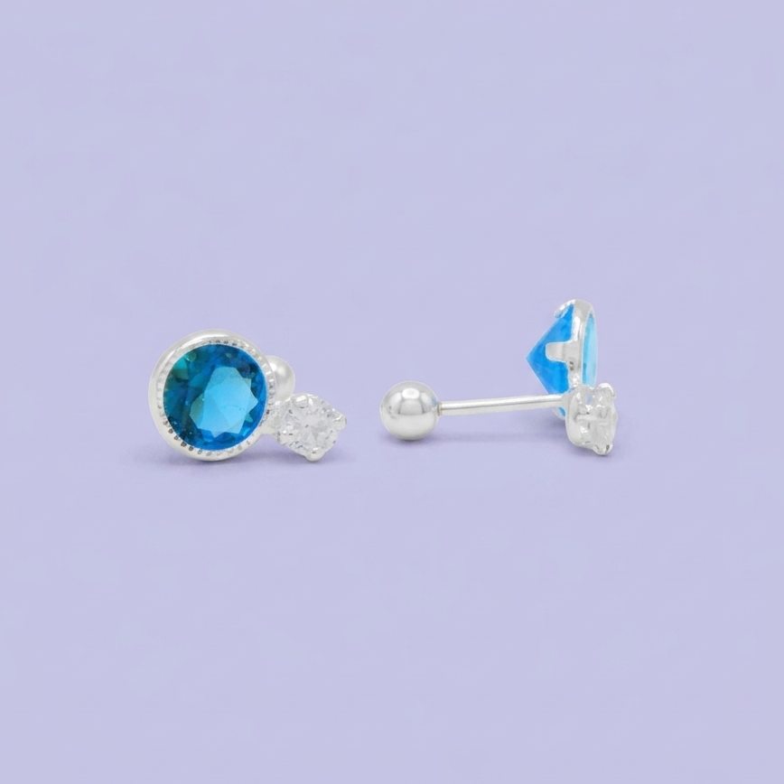 Broquel de Plata .925  Circular Doble con Zirconia Azul Cielo mod. 3055