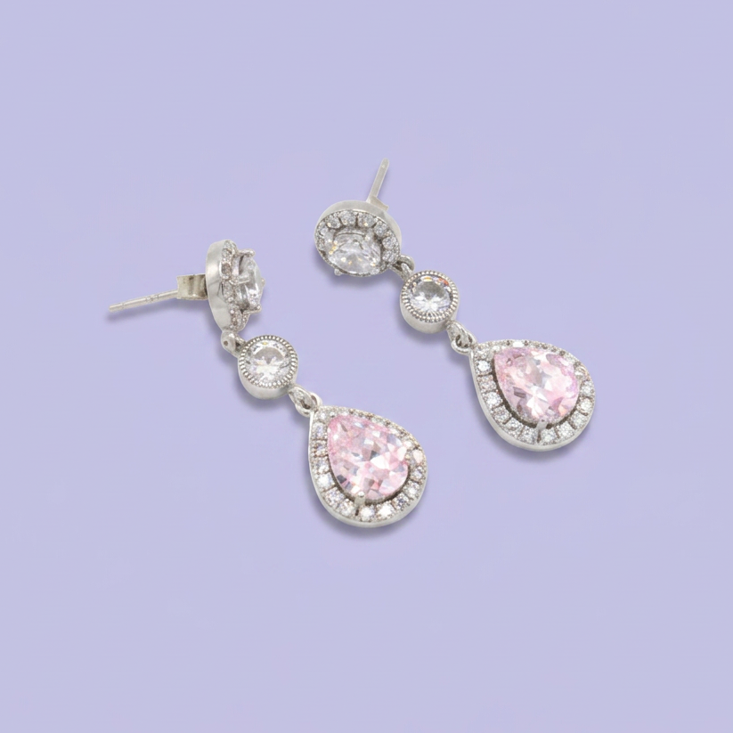 Arete de Plata .925 Gota Colgante Rosa con Zirconias mod. 2775