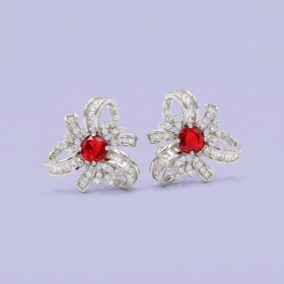 Coordinado de Plata .925 Listones y Detalles de Hojas con Incrustación de Zirconias Rojas mod. 2946