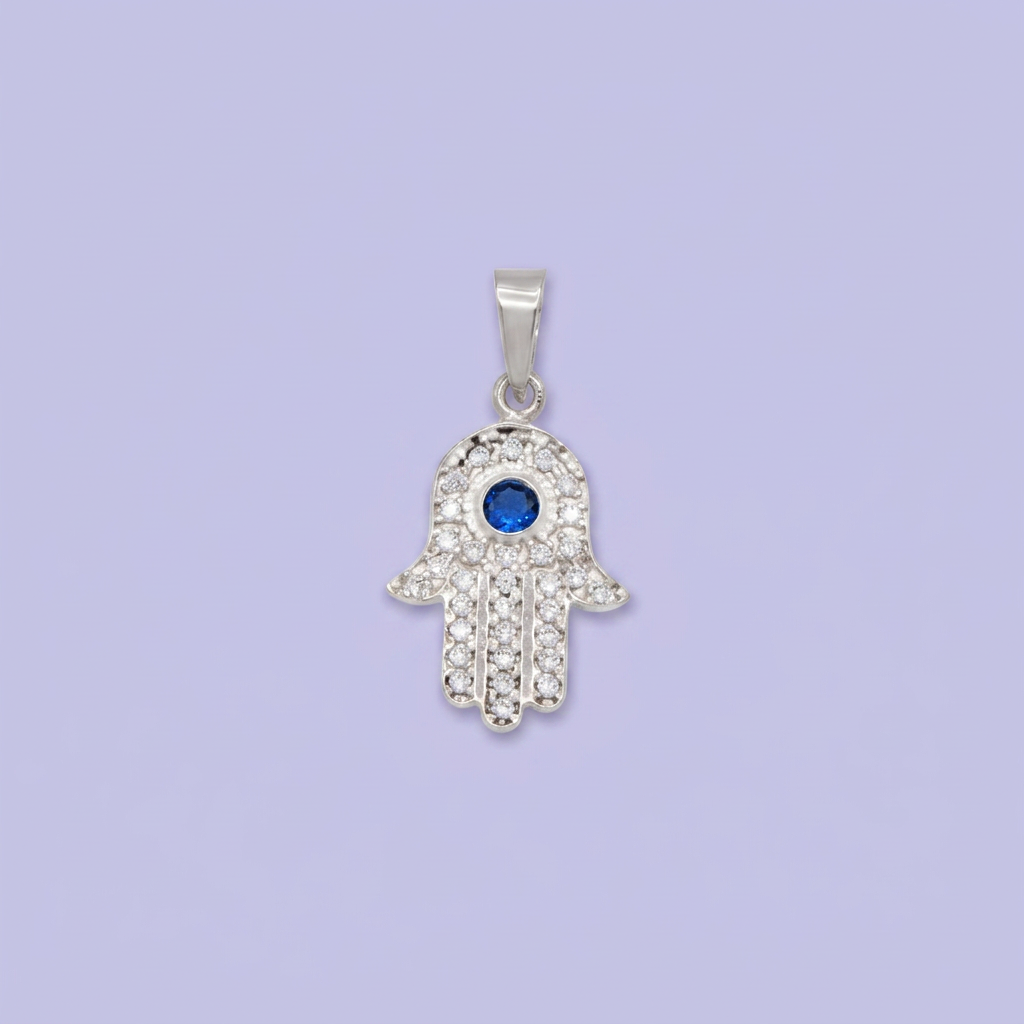 Dije de Plata .925 Mano de Fátima con Zirconia Color Azul Zafiro mod. 3004