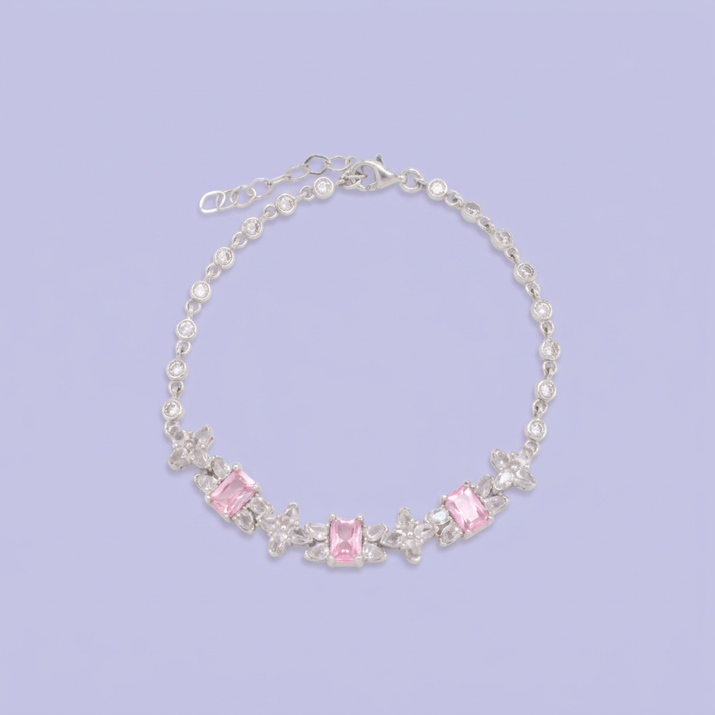 Pulsera de Plata .925 Tejido de Círculos con Eslabones de Zirconia Rosa y Tréboles Brillantes mod. 3089