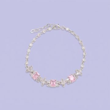 Pulsera de Plata .925 Tejido de Círculos con Eslabones de Zirconia Rosa y Tréboles Brillantes mod. 3089