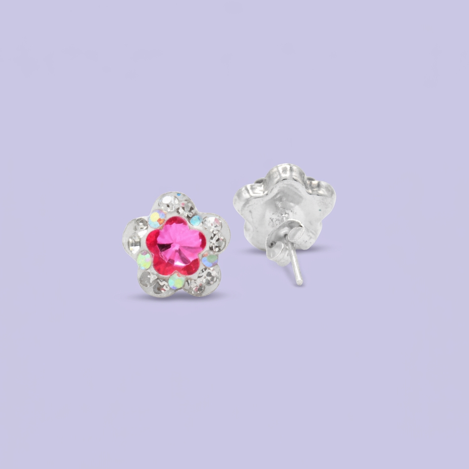 Arete de Plata .925. Flor Rosa Fucsia e Incrustación de Zirconia mod. 3196