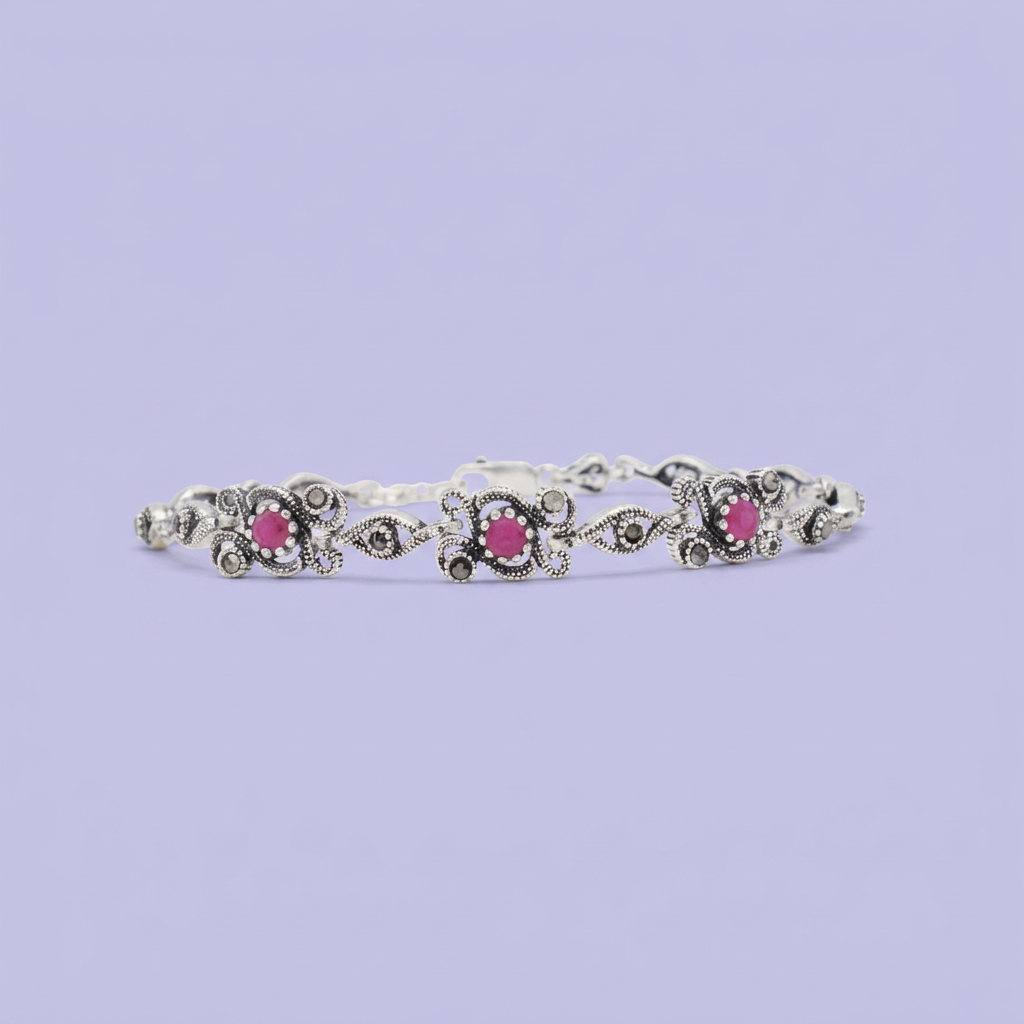 Pulsera de Plata .925 Diseño con Flor de Zirconia Magenta Detallada con Marquesitas mod. 3087