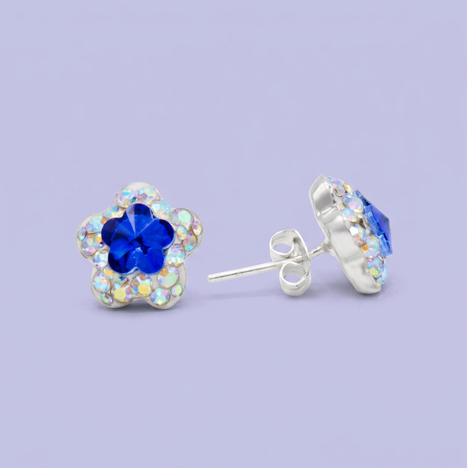 Arete de Plata .925. Flor Azul Rey e Incrustación de Zirconia mod. 3197