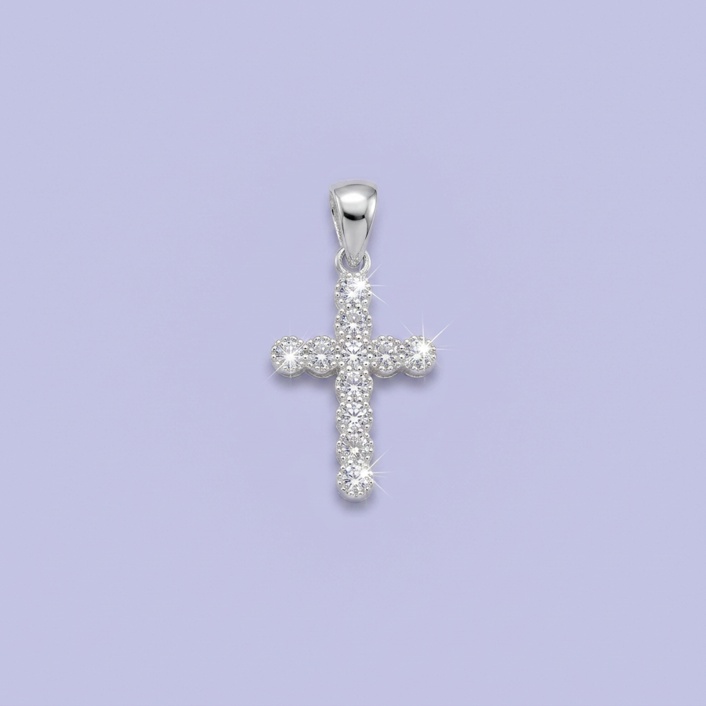 Dije de Plata .925 Cruz Pequeña con Zirconias Redondas de Diseño Especial Brillante mod. 2875