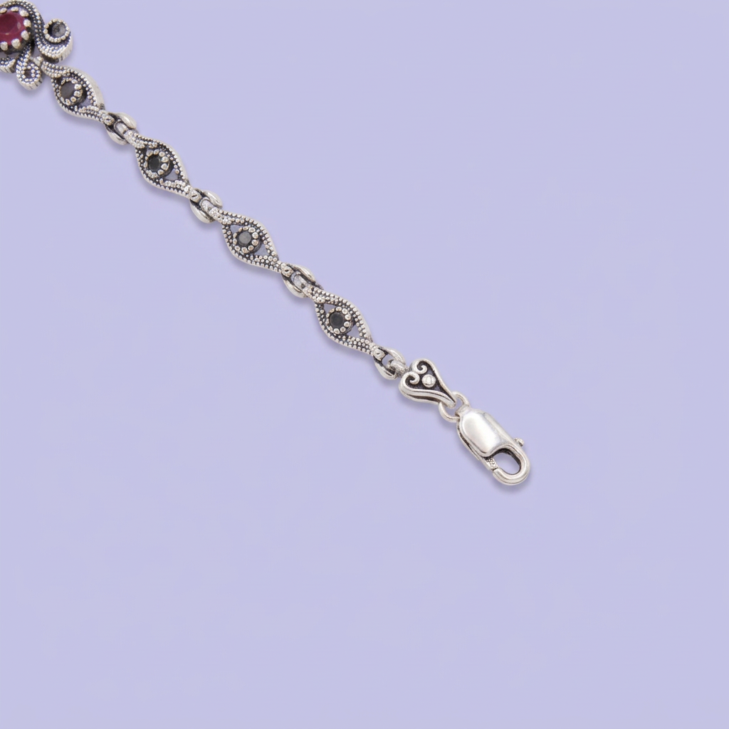 Pulsera de Plata .925 Diseño con Flor de Zirconia Magenta Detallada con Marquesitas mod. 3087