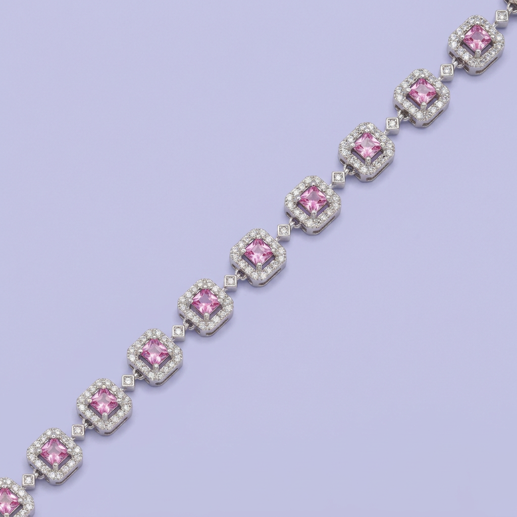 Pulsera de Plata .925 Tejido de Eslabones Cuadro con Zirconias Rosa mod. 3079