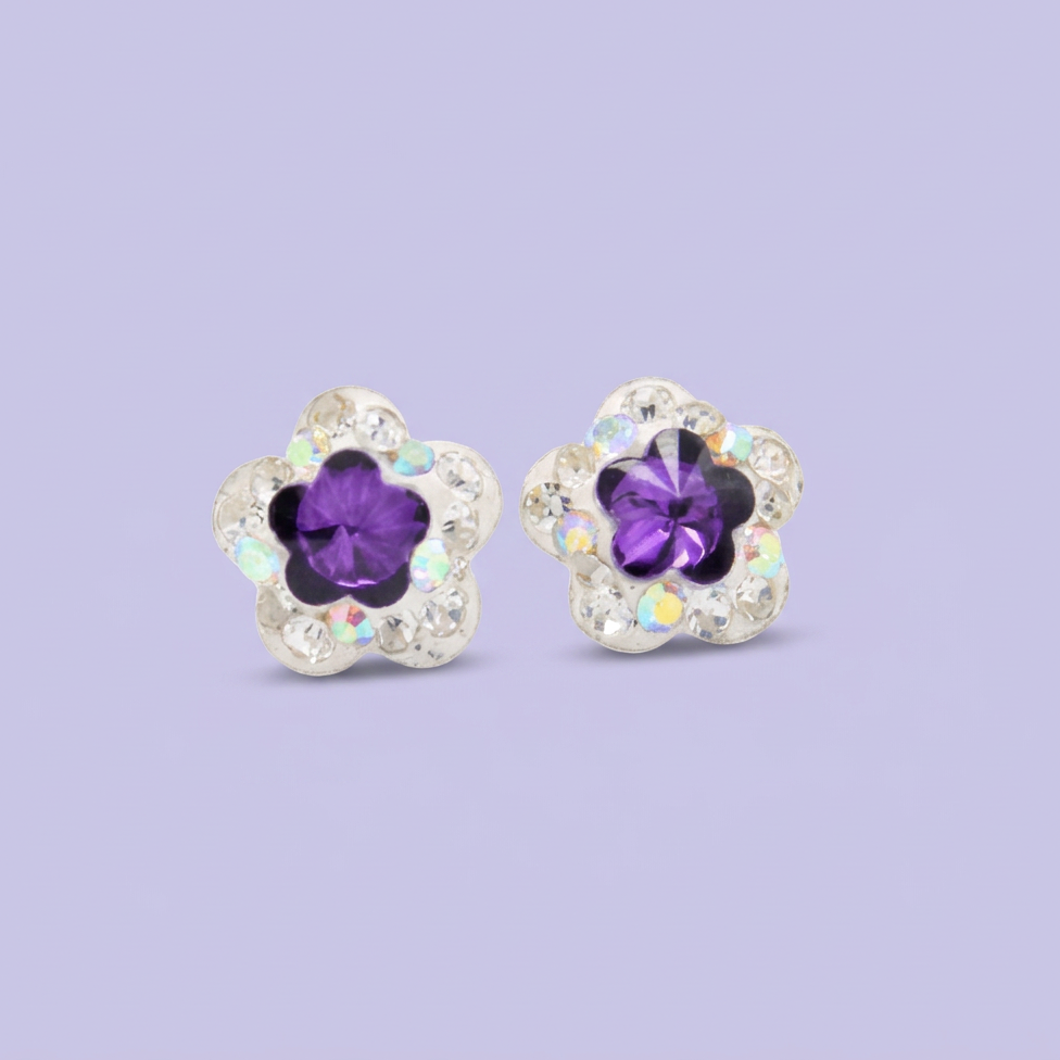 Arete de Plata .925. Flor  Violeta e Incrustación de Zirconia mod. 3199