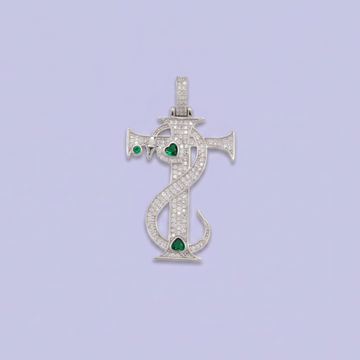 Dije de Plata .925 Cruz con Serpiente y Corazones con Zirconia Verde mod. 2882