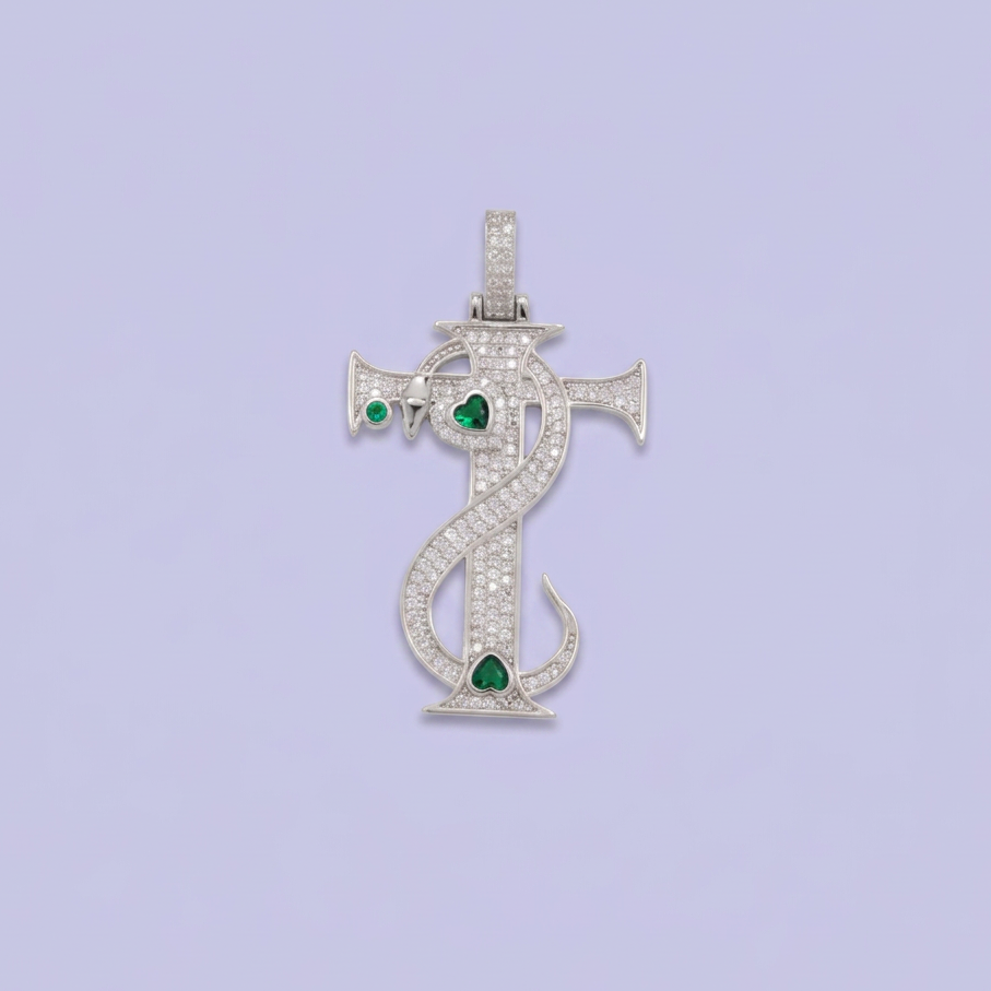 Dije de Plata .925 Cruz con Serpiente y Corazones con Zirconia Verde mod. 2882
