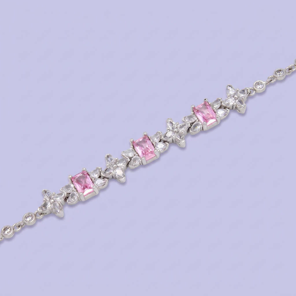 Pulsera de Plata .925 Tejido de Círculos con Eslabones de Zirconia Rosa y Tréboles Brillantes mod. 3089