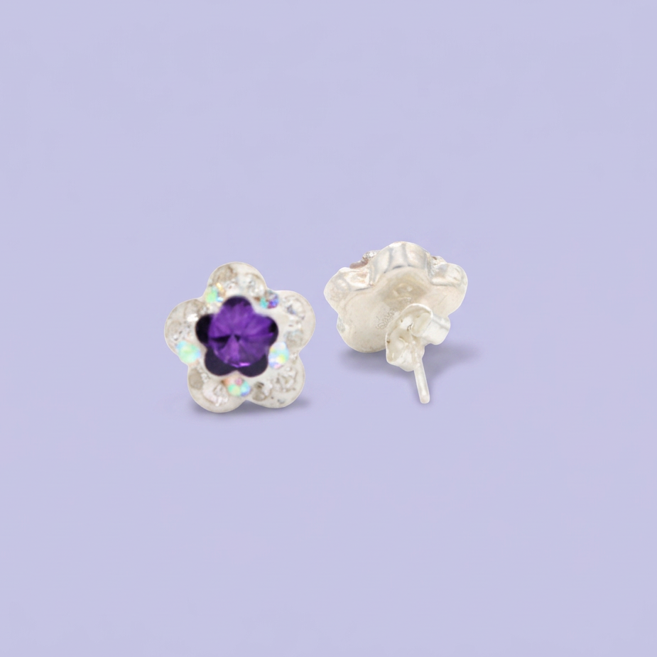 Arete de Plata .925. Flor  Violeta e Incrustación de Zirconia mod. 3199