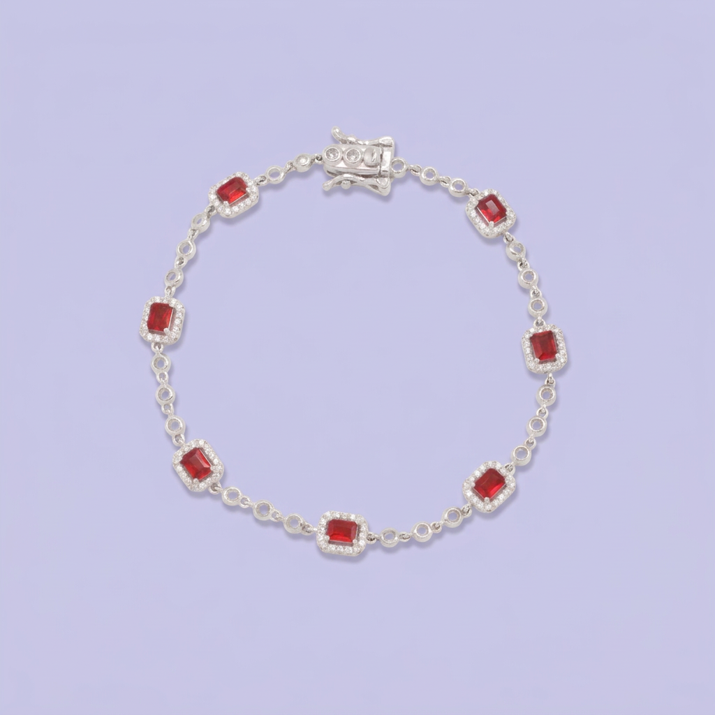 Pulsera de Plata .925 Diseño Elegante Tejido de Cuadros con Zirconias de Color Rojo Rubí mod. 3088