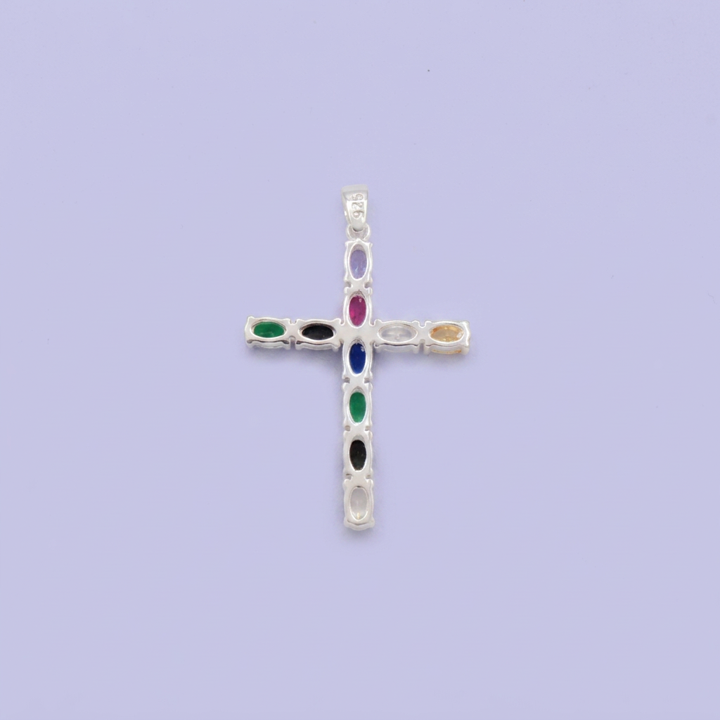 Dije de Plata .925 Cruz con Zirconias Ovales en Colores Varios mod. 2876