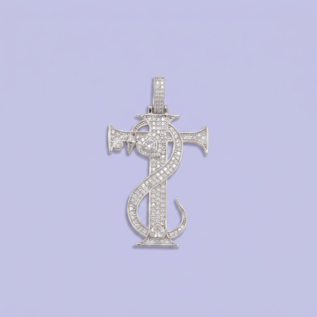 Dije de Plata .925 Cruz con Serpiente y Corazones con Incrustación de Zirconias mod. 2881