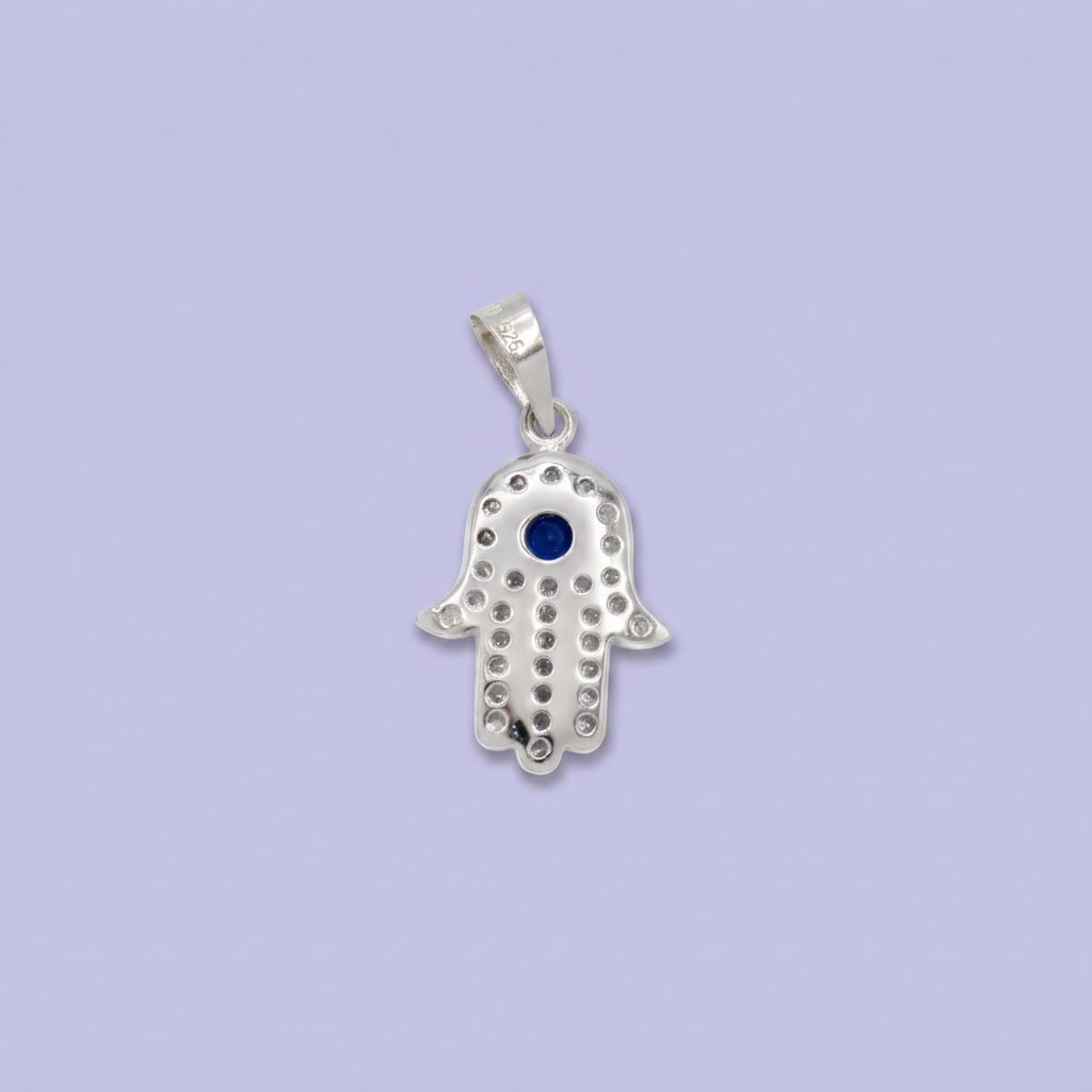 Dije de Plata .925 Mano de Fátima con Zirconia Color Azul Zafiro mod. 3004