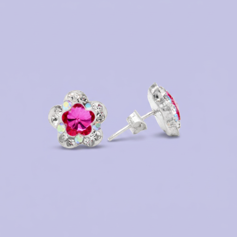 Arete de Plata .925. Flor Rosa Fucsia e Incrustación de Zirconia mod. 3196