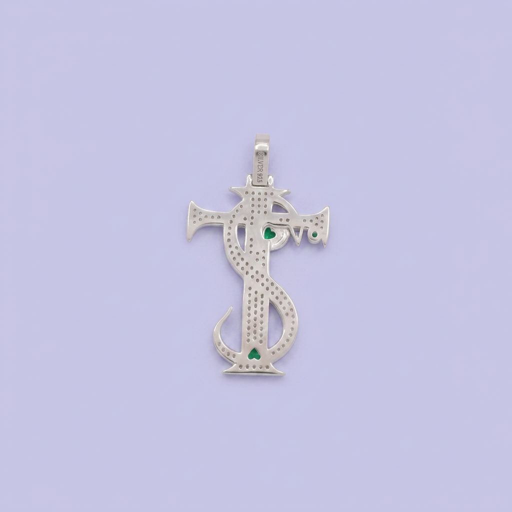 Dije de Plata .925 Cruz con Serpiente y Corazones con Zirconia Verde mod. 2882
