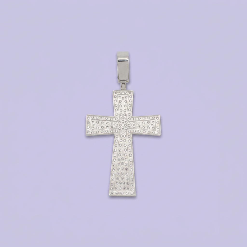 Dije de Plata .925 Cruz Grande con Diseño Concavo Incrustado con Zirconias mod. 2871