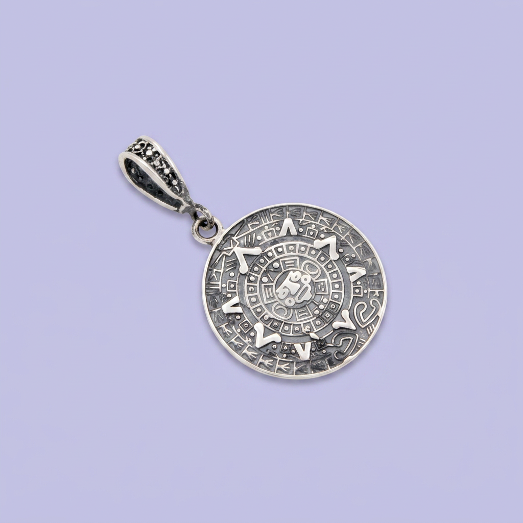Dije de Plata .925 Diseño Mediano Redondo con Clandario Azteca mod. 2995