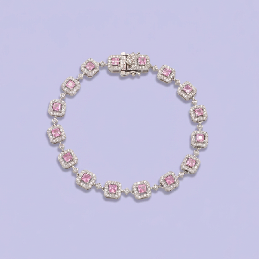 Pulsera de Plata .925 Tejido de Eslabones Cuadro con Zirconias Rosa mod. 3079