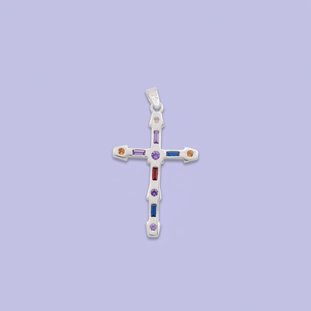 Dije de Plata .925 Cruz Incrustada de Zirconias Diseño Especial Centro Morado mod. 2877