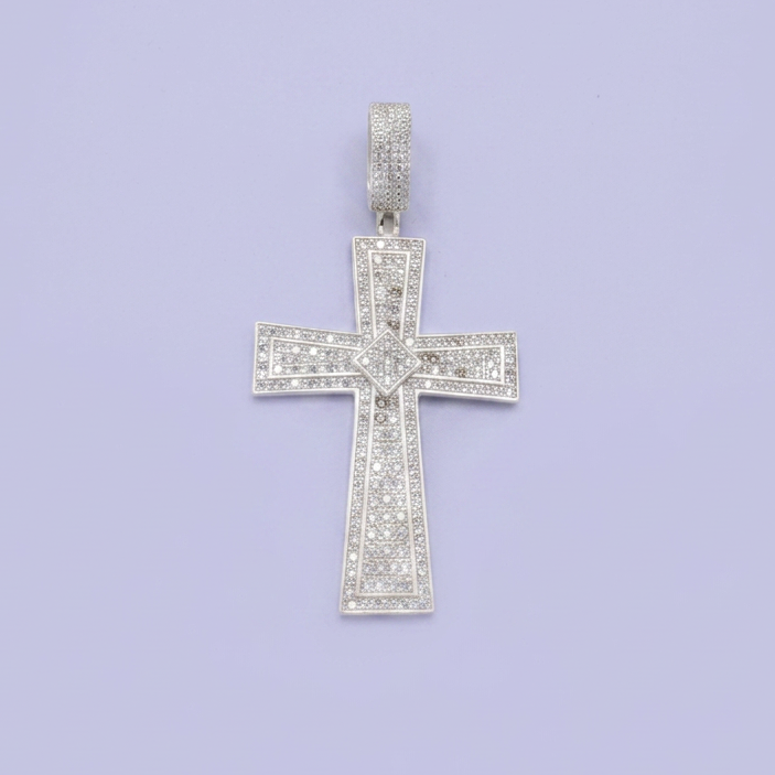 Dije de Plata .925 Cruz Grande con Diseño Concavo Incrustado con Zirconias mod. 2871