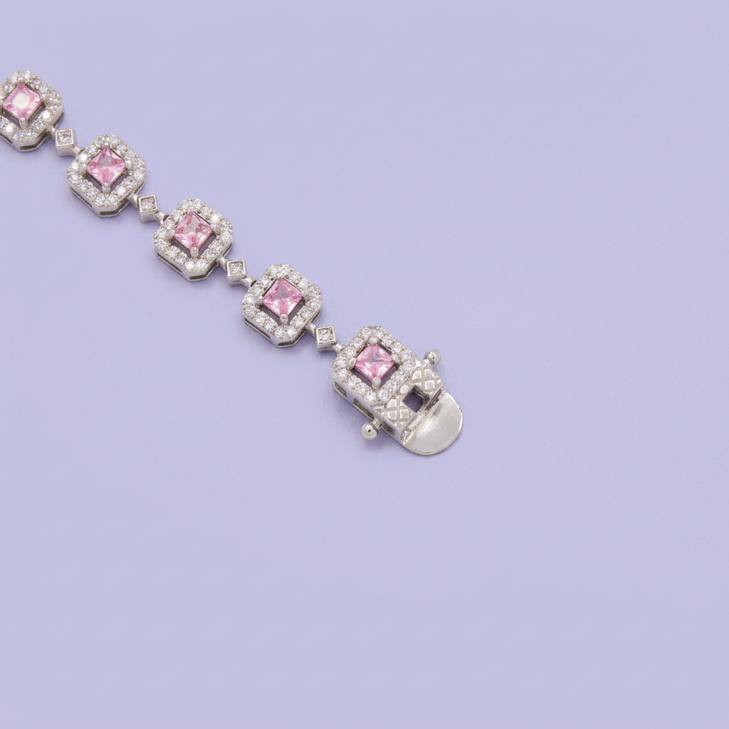 Pulsera de Plata .925 Tejido de Eslabones Cuadro con Zirconias Rosa mod. 3079