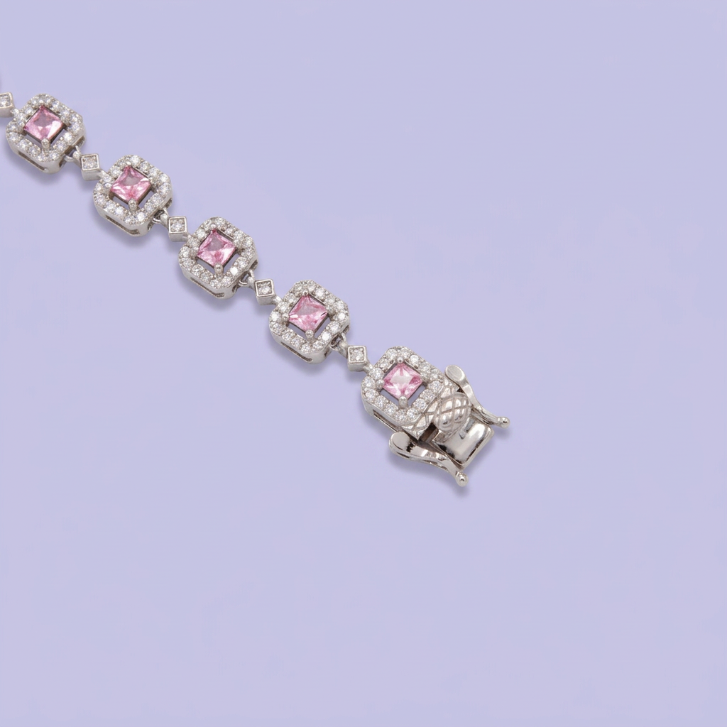 Pulsera de Plata .925 Tejido de Eslabones Cuadro con Zirconias Rosa mod. 3079