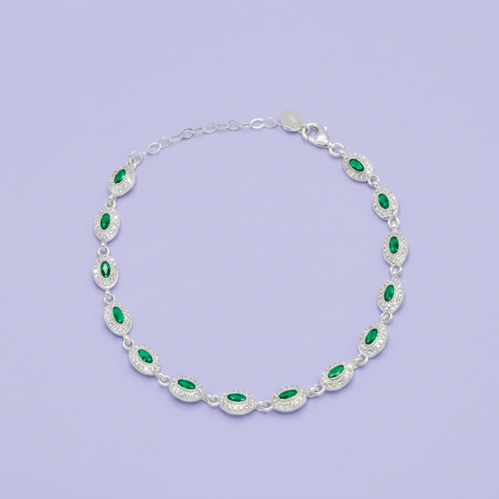 Pulsera de Plata .925 de Ovalos con Incrustación de Zirconias Verdes mod. 3048