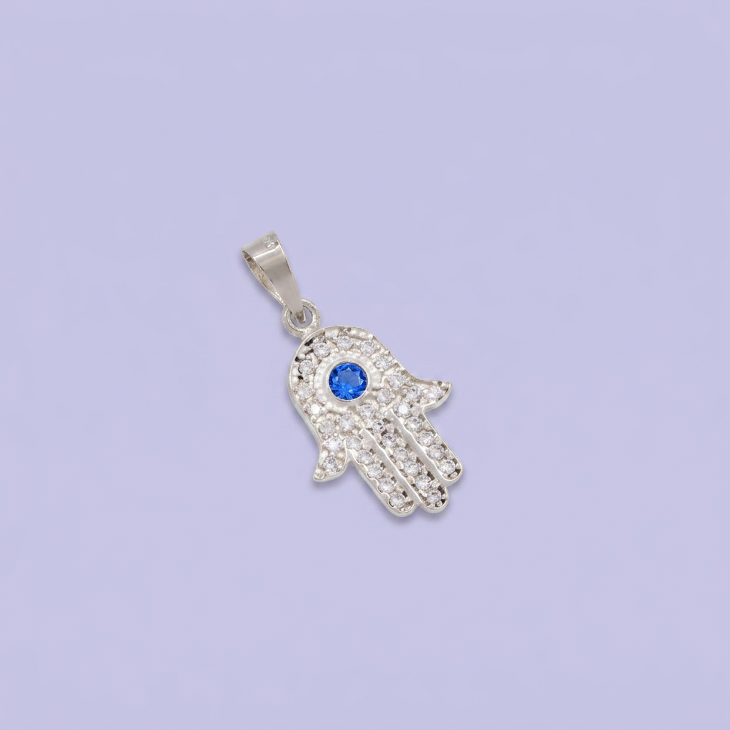 Dije de Plata .925 Mano de Fátima con Zirconia Color Azul Zafiro mod. 3004