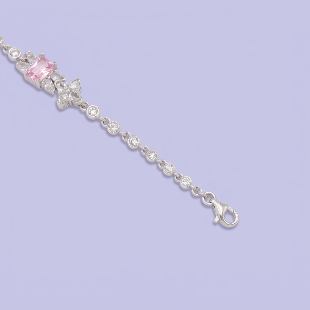 Pulsera de Plata .925 Tejido de Círculos con Eslabones de Zirconia Rosa y Tréboles Brillantes mod. 3089