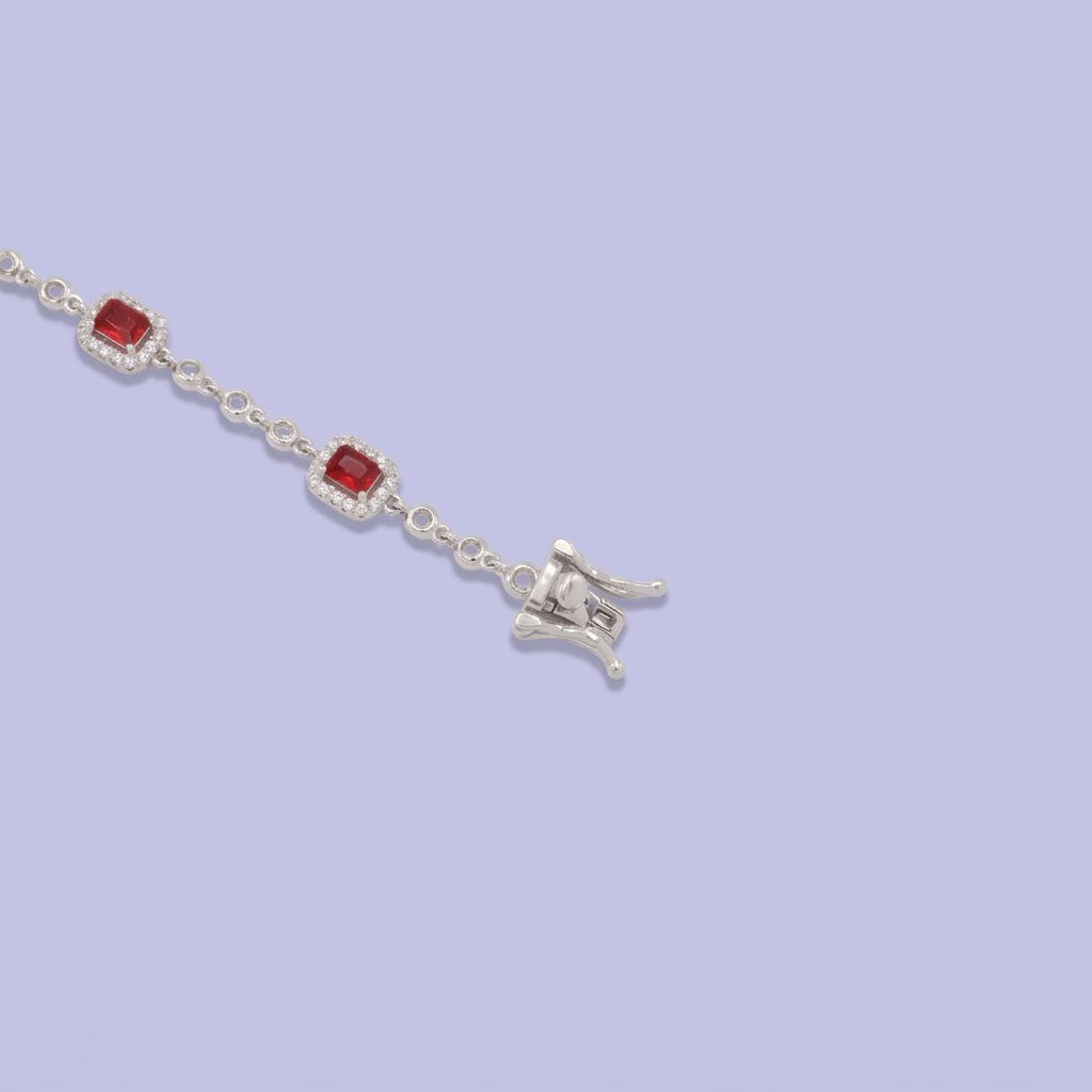 Pulsera de Plata .925 Diseño Elegante Tejido de Cuadros con Zirconias de Color Rojo Rubí mod. 3088