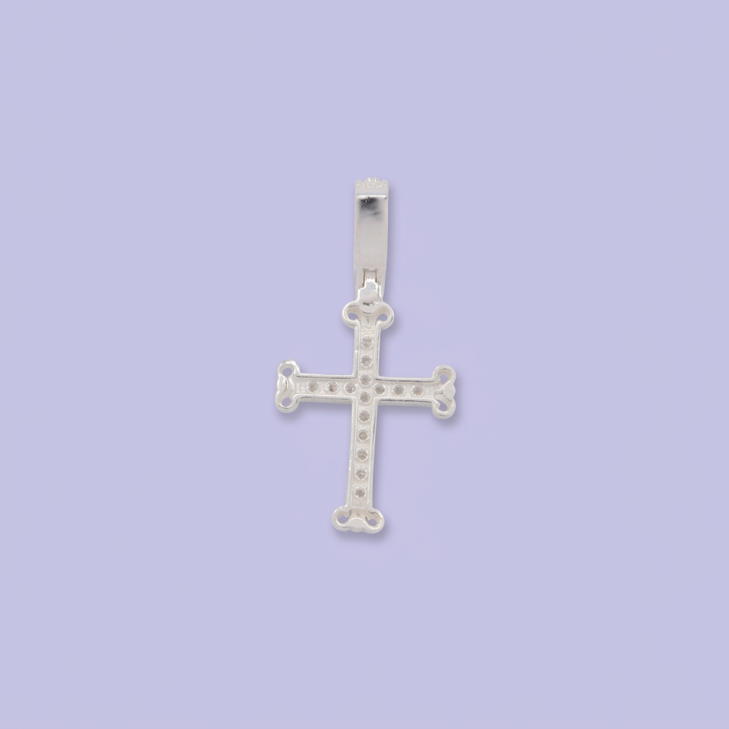 Dije de Plata .925 Cruz Delgada con Puntas en Doblés Incrustada de Zirconias mod. 2874
