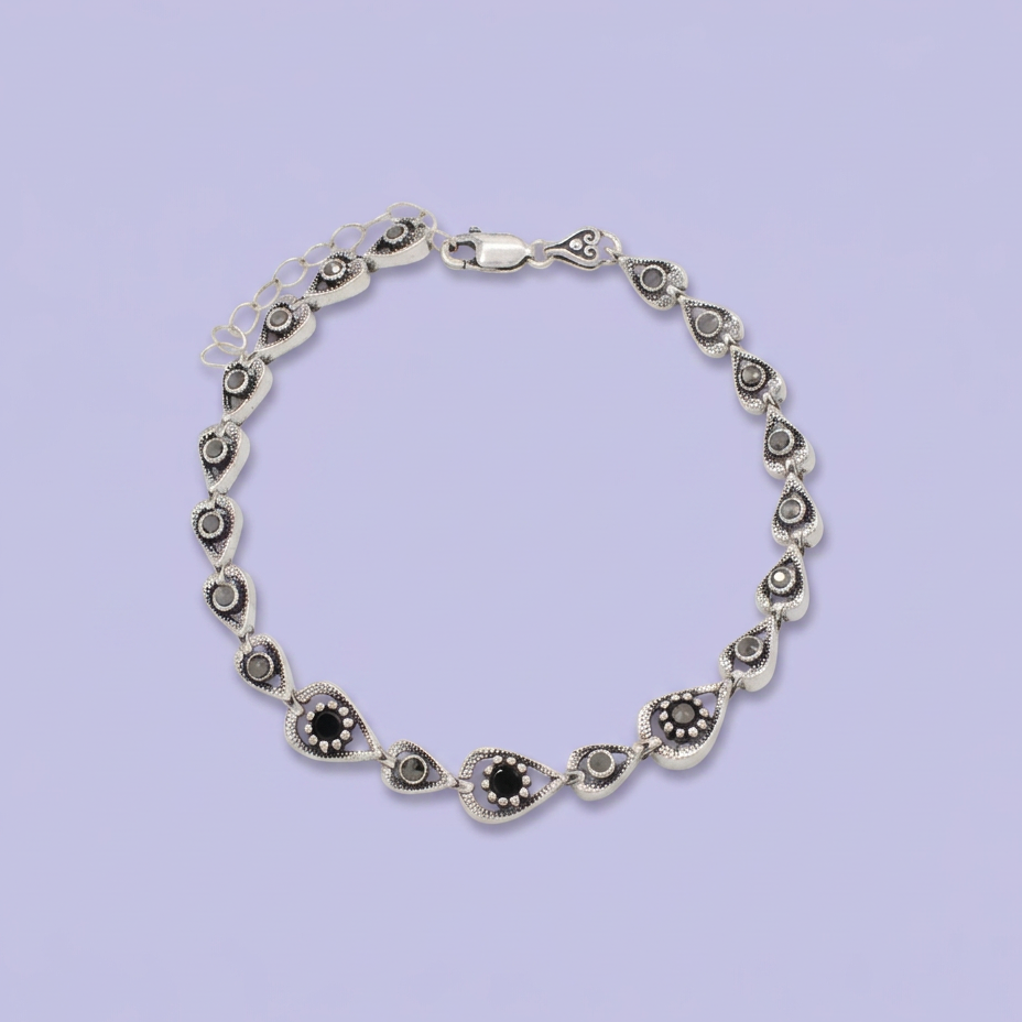 Pulsera de Plata .925 Tejido de Gotas con Zirconias Oscuras y Marquesitas mod. 3082