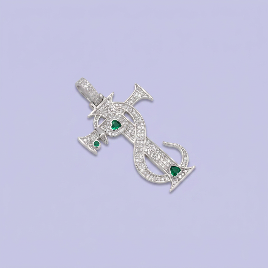 Dije de Plata .925 Cruz con Serpiente y Corazones con Zirconia Verde mod. 2882