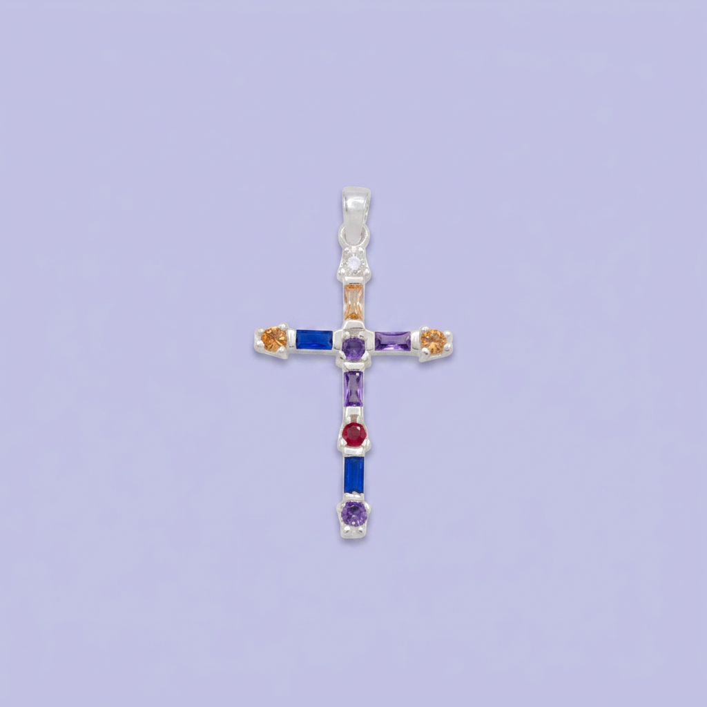 Dije de Plata .925 Cruz Incrustada de Zirconias Diseño Especial Centro Morado mod. 2877
