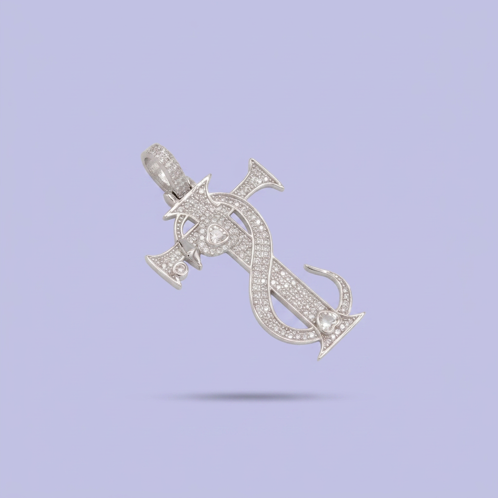 Dije de Plata .925 Cruz con Serpiente y Corazones con Incrustación de Zirconias mod. 2881