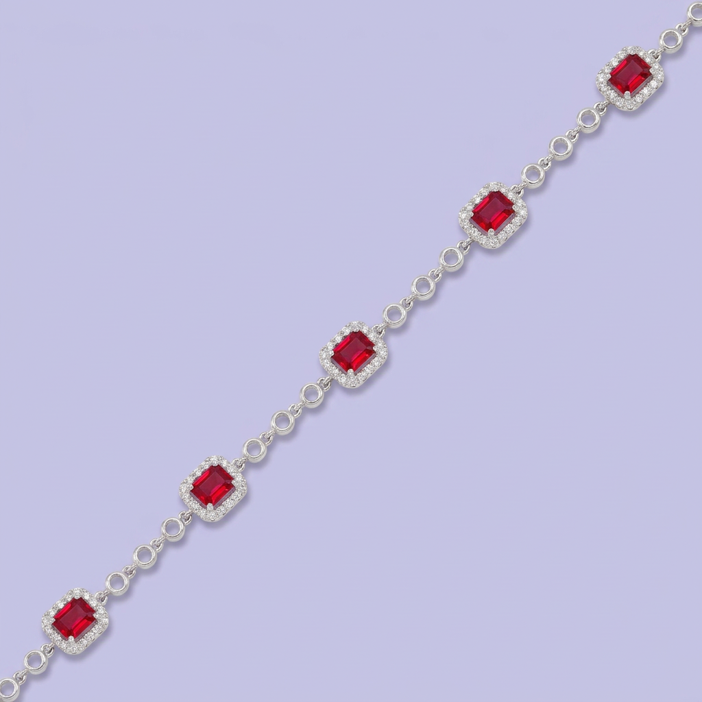 Pulsera de Plata .925 Diseño Elegante Tejido de Cuadros con Zirconias de Color Rojo Rubí mod. 3088