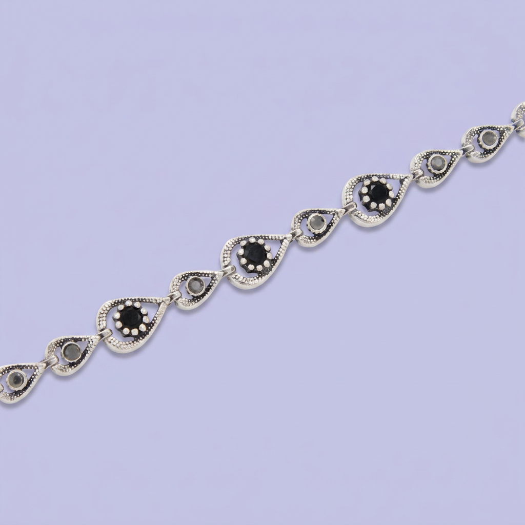 Pulsera de Plata .925 Tejido de Gotas con Zirconias Oscuras y Marquesitas mod. 3082