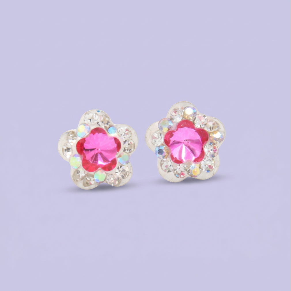 Arete de Plata .925. Flor Rosa Fucsia e Incrustación de Zirconia mod. 3196