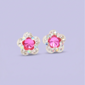 Arete de Plata .925. Flor Rosa Fucsia e Incrustación de Zirconia mod. 3196